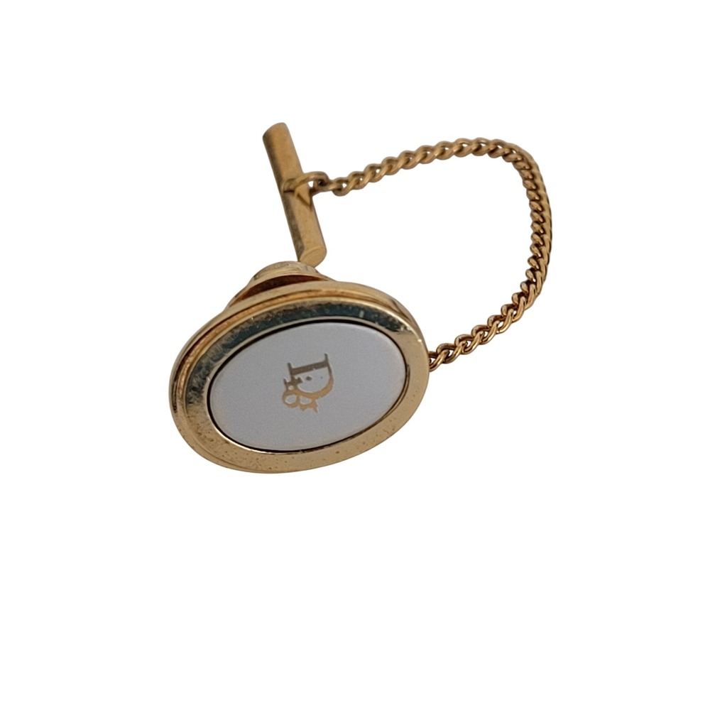 Christian Dior Vintage Gold Tone White Enamel CD Logo Tie Pin Tack with Chain